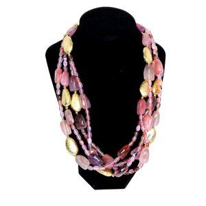 WOMEN'S 4 STRAND ADJUSTABLE LAYERED PINK, LILAC & GOLD BEADED NECKLACE